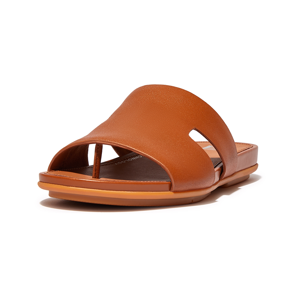 春季露營【FitFlop】GRACIE LEATHER H-BAR SLIDES (WITH TOE POST)皮革H型涼鞋-女(淺褐色)
