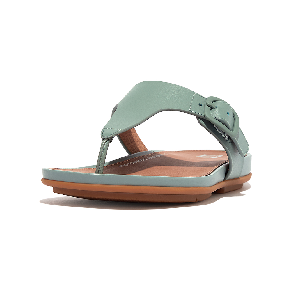 春季露營【FitFlop】GRACIE RUBBER-BUCKLE LEATHER TOE-POST SANDALS扣環造型皮革夾脚涼鞋-女(冷藍色)