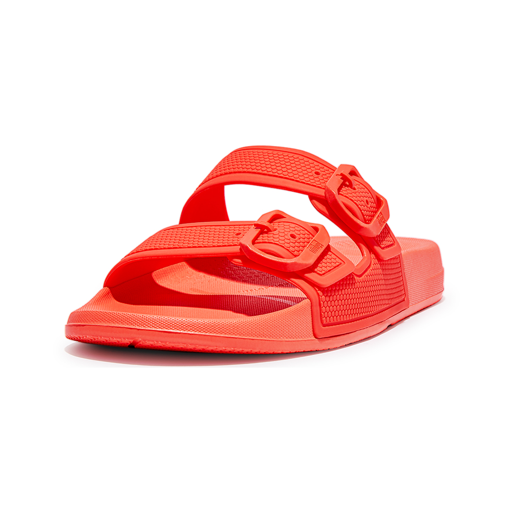 春季露營【FitFlop】IQUSHION TWO-BAR BUCKLE SLIDES輕量人體工學可調式涼鞋-女(霓虹橙)