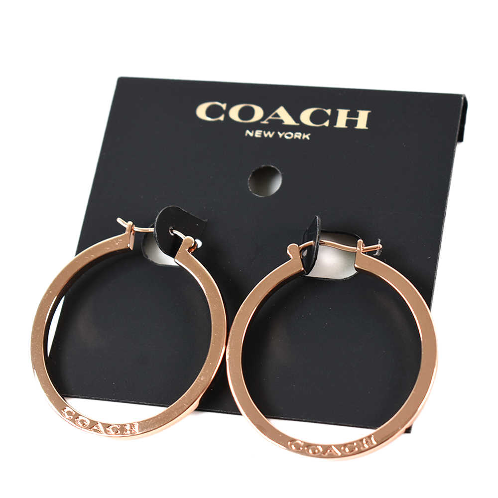 【COACH】 金屬刻印LOGO圓形針式耳環-玫瑰金
