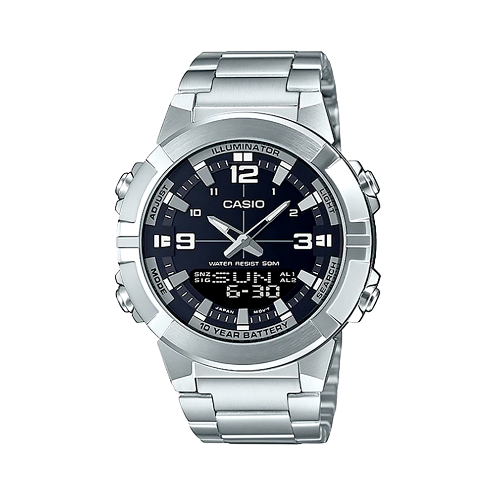 【CASIO 卡西歐】AMW-870D-1A 十年電力 數位雙顯 世界時間 計時 不鏽鋼腕錶 手錶 44mm