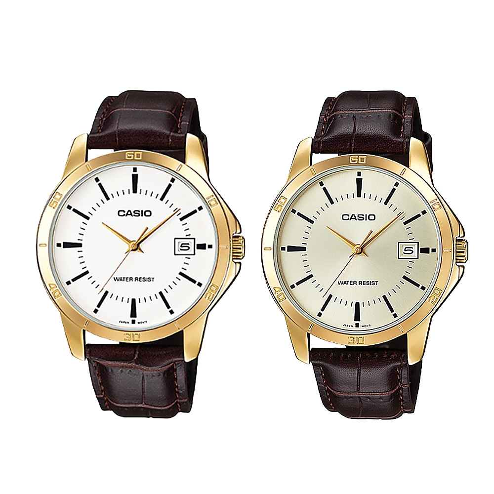【CASIO 卡西歐】 MTP-V004GL 復古文青 無數字 大錶面 帶日期 白金色 皮帶 指針 腕錶 手錶