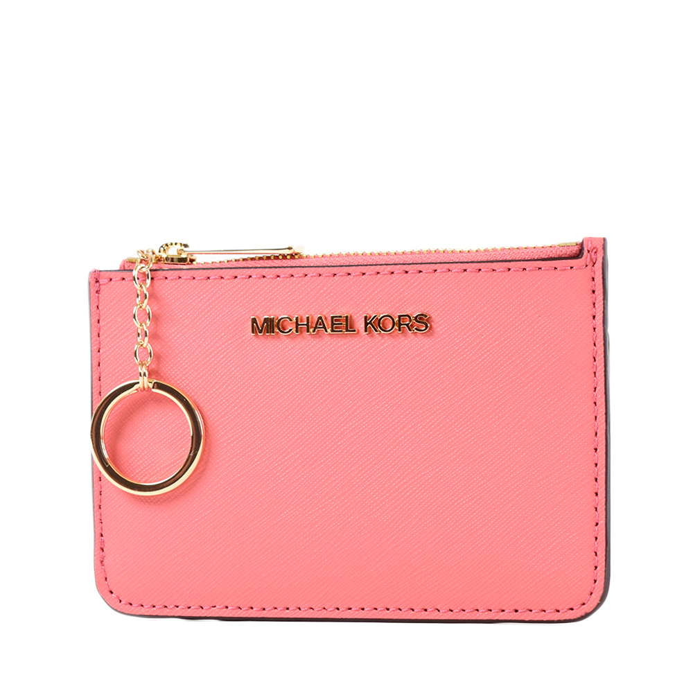 【MICHAEL KORS】金字防刮皮革證件/鑰匙零錢包-玫瑰茶粉